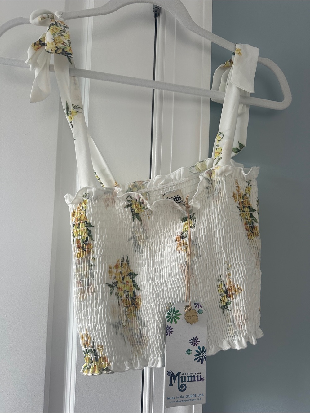 NWT show me your mumu White Smocked flower Print Tie-Strap Crop Top size S